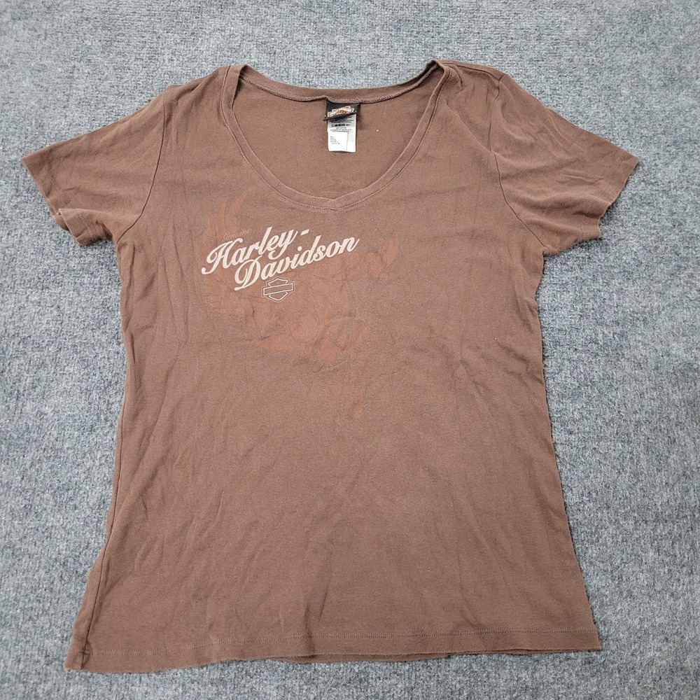 Harley-Davidson T-Shirt Womens Size 1X Brown Cotton Graphic Scoop Neck USA Made